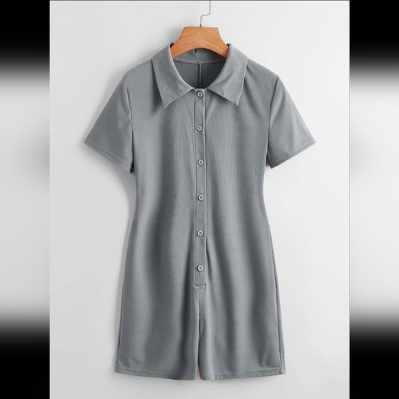 Solid Button Front Ribbed Jumpsuit - Picture 1 of 8